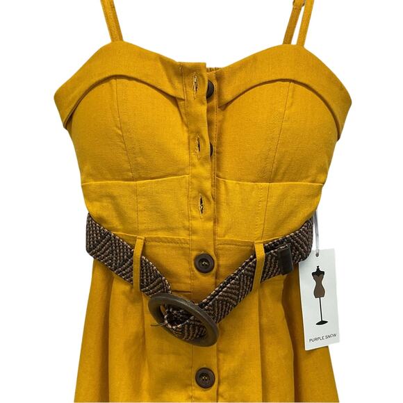 Purple Snow Sun Dress Womens Size S Mustard Yellow Corset Style Button Up Belted - Picture 7 of 10